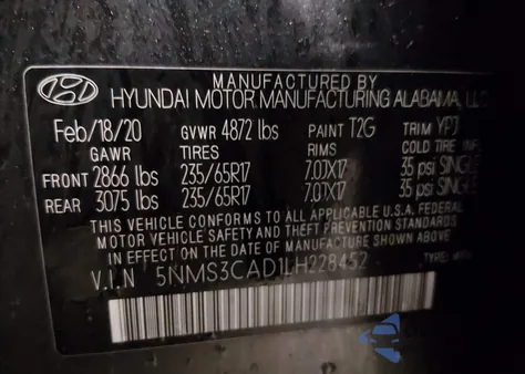 2020 Hyundai Santa Fe Sel z USA, uszkodzony, nr VIN 5NMS3CAD1LH228452